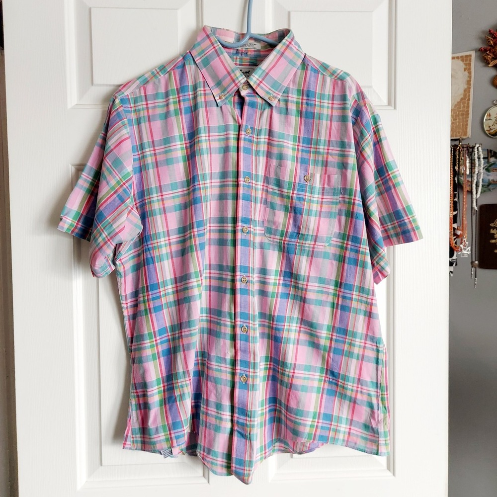 Carriage Trade by Arrow XL Plaid Button Shirt Pink Green Short Sleeve Easter 90s